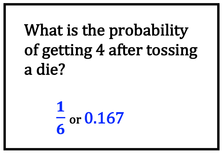 A probability question with a fraction answer:  What is the probability of getting 4 after tossing a die?  1/6 or 0.167