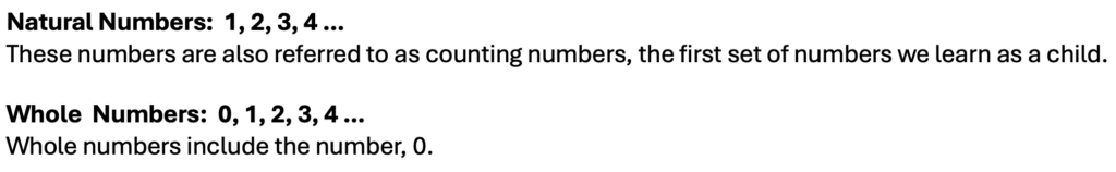 Natural numbers 1, 2, 3 4 and whole numbers incuding zero