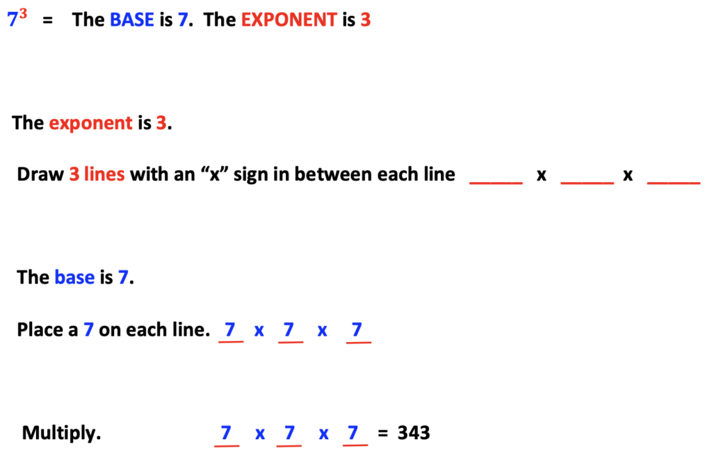 exponents and roots:  examples of writing the value of 7 cubed