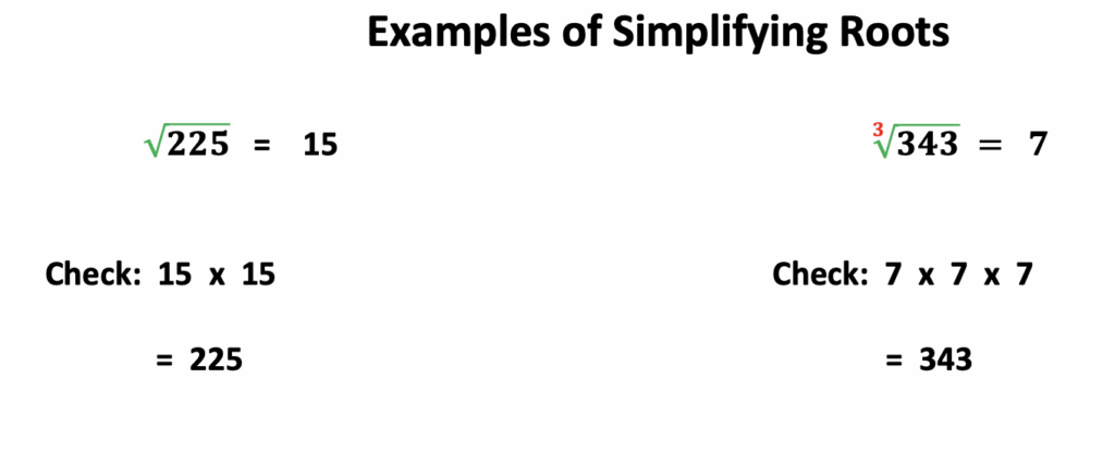 2025 blog3 2 examples of simplifying roots: square root of 225 and cubed root of 343