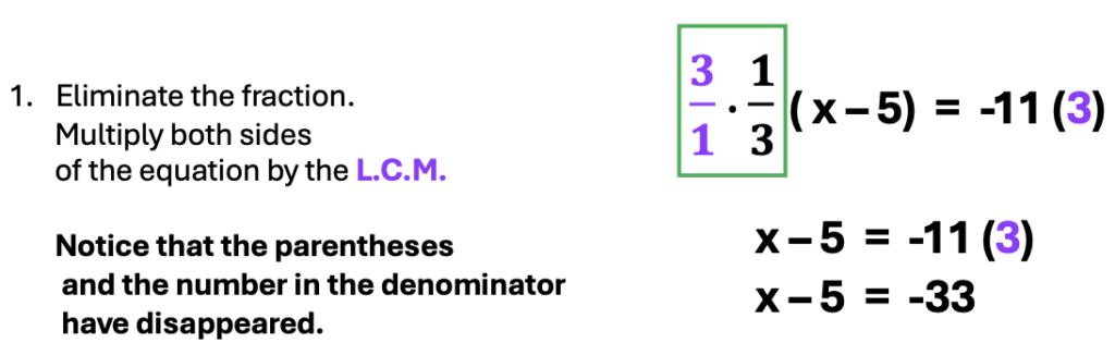 Equations, Fractions, and Parentheses: an equation solved by using the L.C.M.