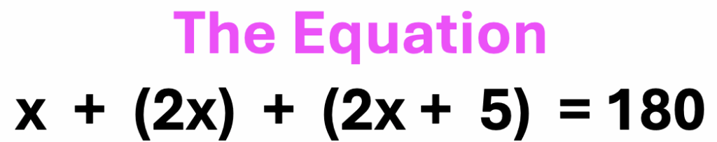  Example of an equation, x + 2x + 2x + 5 = 180