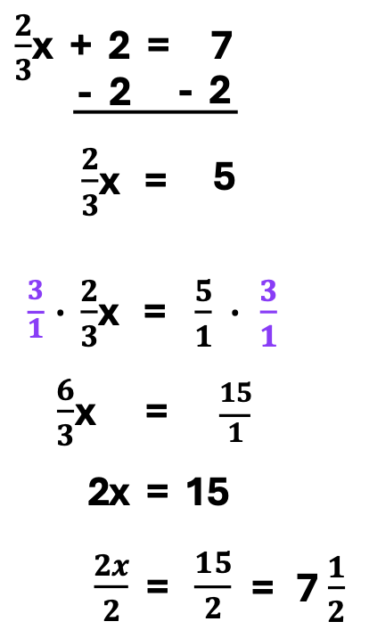 Equations with Fractions: 2/3x  + 2 steps for solving