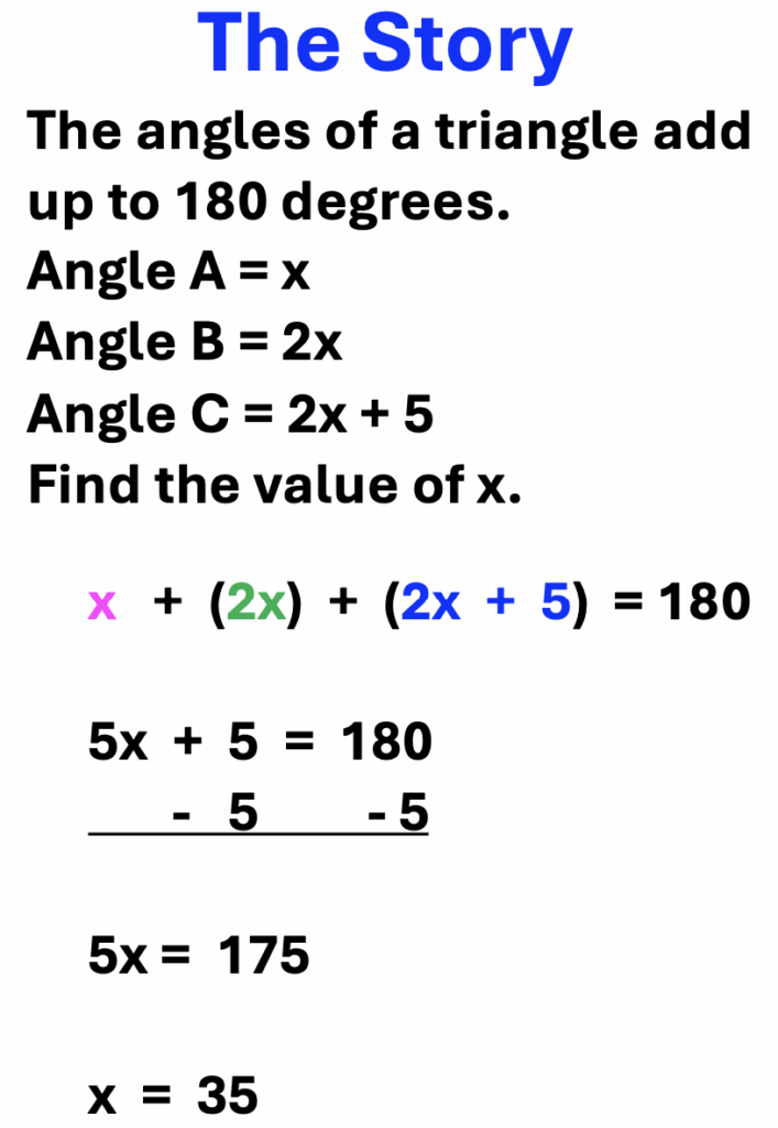 story of a word problem for finding an angle in a triangle.