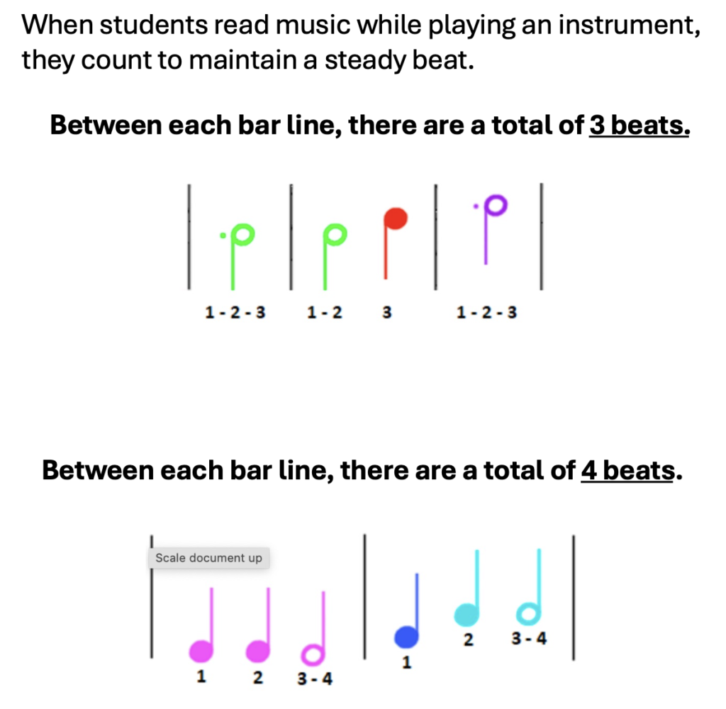 2 examples for counting notes; 3 measures in 3/3 time and two measures in 4/4 time