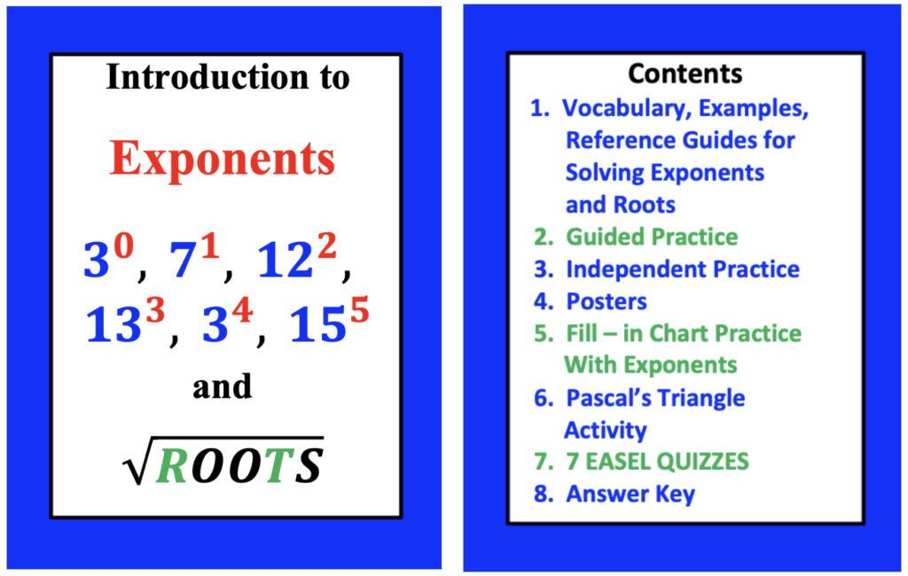 exponents in pre-algebra:  intro to exponents and roots product for student use