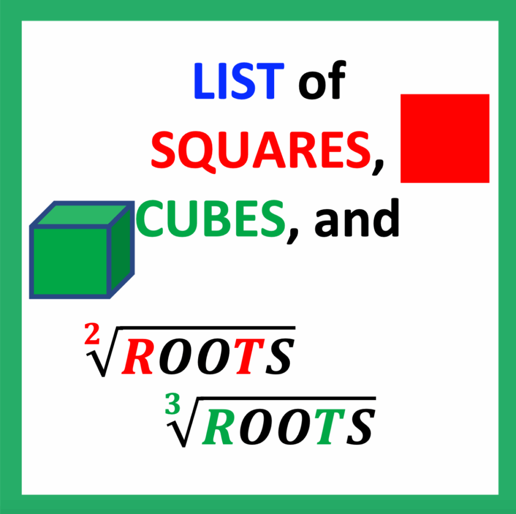 Roots and Radicals in Algebra:list of square roots and cube roots
