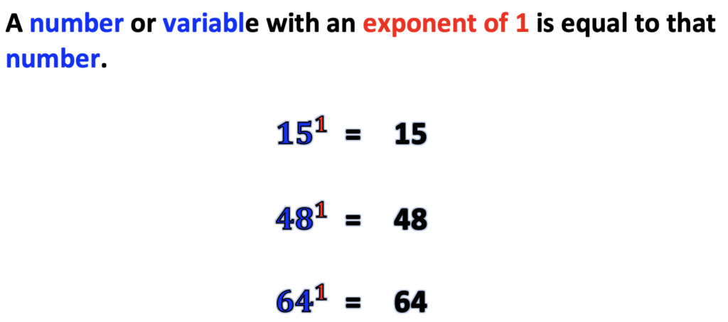 exponents in pre-algebra:  a number or variable with an exponent of 1 is equal to that number.