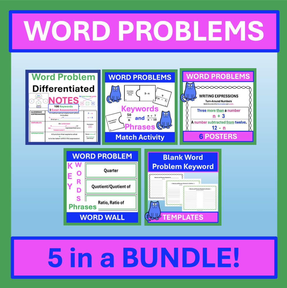Pre-Algebra Word Problems: Word Problems Notes, activities, posters and word wall
