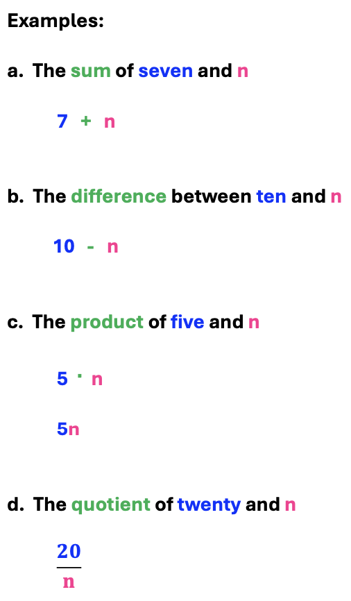 4 algebraic expressions with the operation coming before the literal number and variable