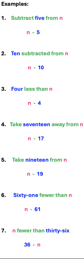 4 keyphrase examples of turn around words used in subtraction