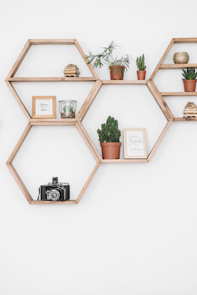 Fraction and Geometry Review::  geometric shelves, trapezoids and hexagons