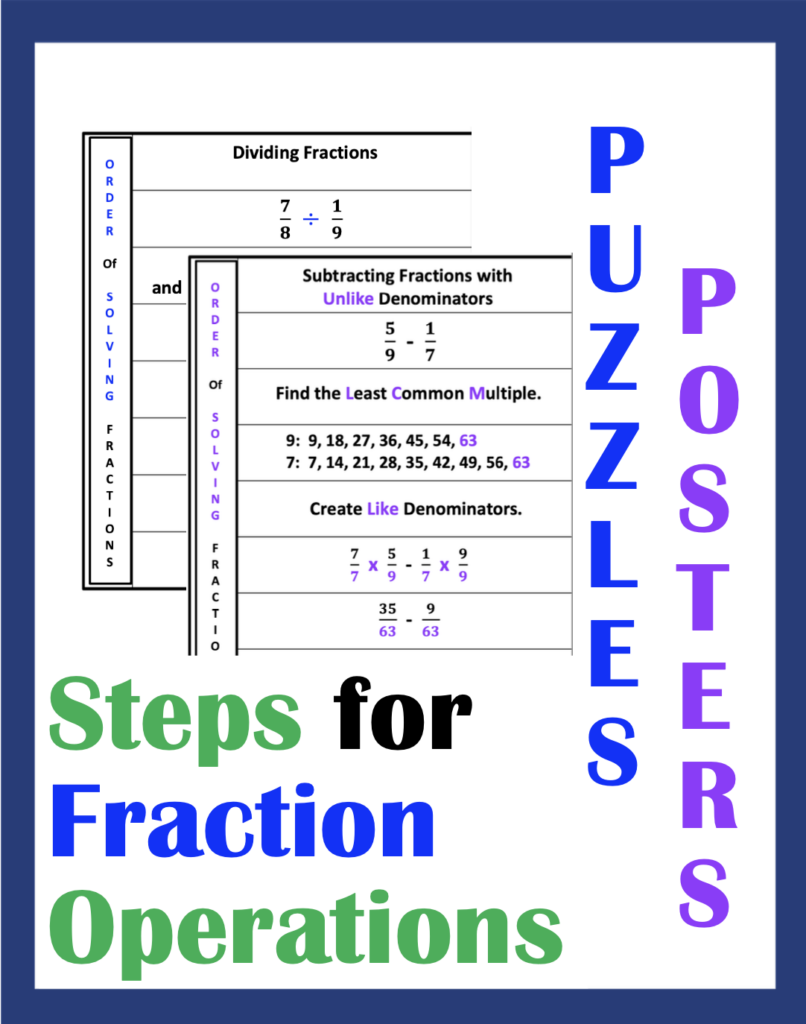 Equations, Fractions, and Parentheses: posters and puzzles that are available, which list fraction operation steps with examples