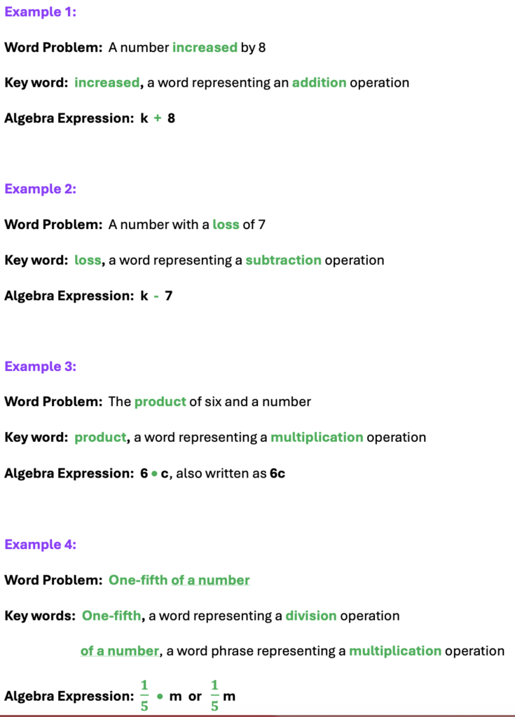 algebra expressions:  Four examples of a word problem, its key woard and algebra expression