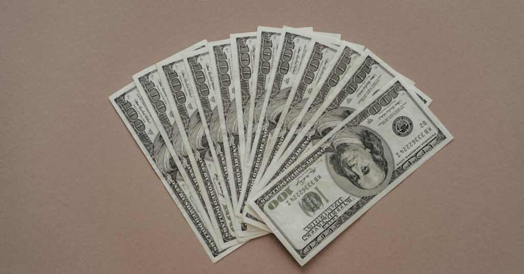 Integer Labs:  A neat arrangement of US dollar banknotes laid out in a fan shape on a brown surface.